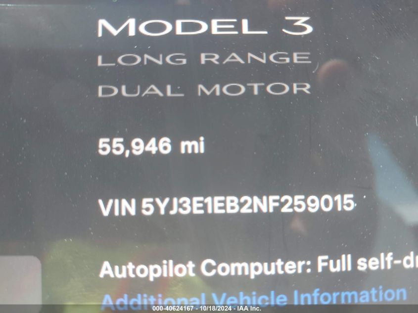 2022 Tesla Model 3 Long Range Dual Motor All-Wheel Drive VIN: 5YJ3E1EB2NF259015 Lot: 40624167