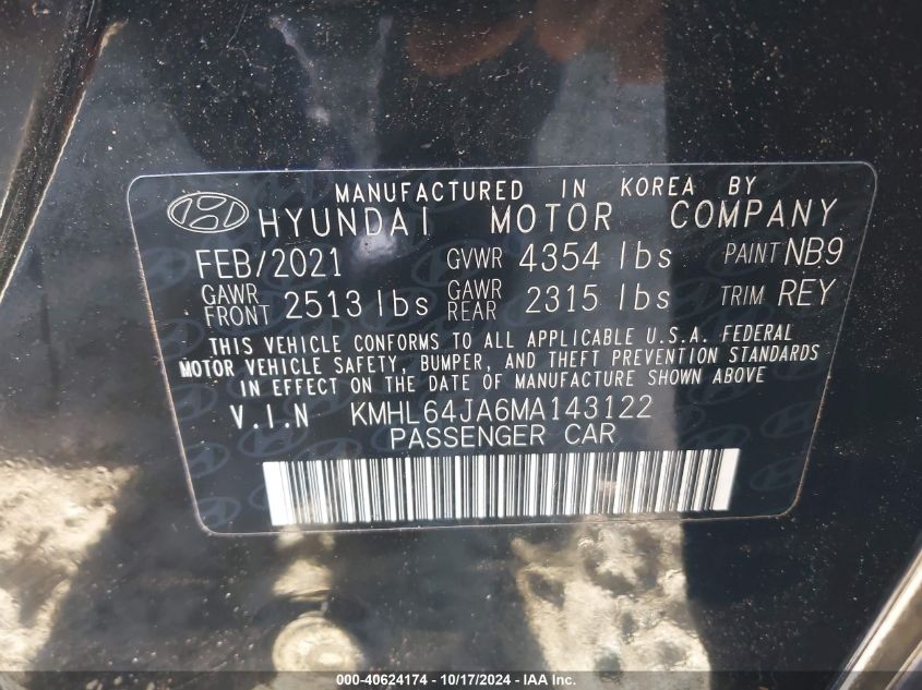 2021 Hyundai Sonata Sel VIN: KMHL64JA6MA143122 Lot: 40624174