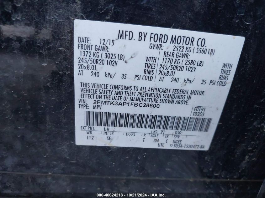 VIN 2FMTK3AP1FBC28600 2015 Ford Edge, Sport no.9