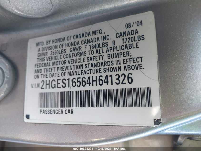 2004 Honda Civic Lx VIN: 2HGES16564H641326 Lot: 40624234