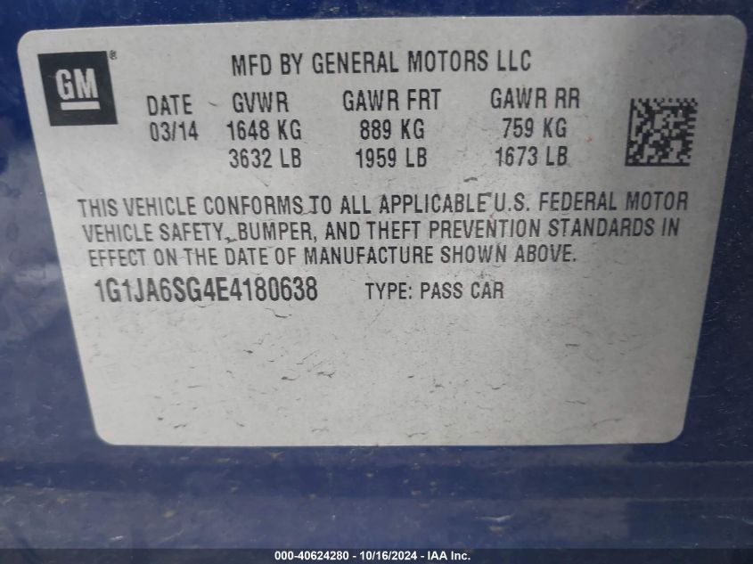 2014 Chevrolet Sonic Ls Auto VIN: 1G1JA6SG4E4180638 Lot: 40624280