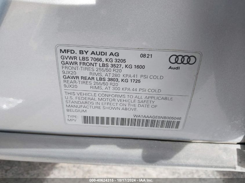 2022 Audi E-Tron Premium Quattro VIN: WA1AAAGE5NB005046 Lot: 40624315