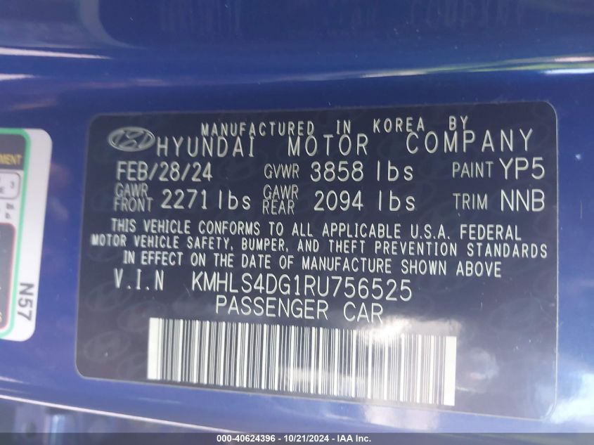 2024 Hyundai Elantra Sel VIN: KMHLS4DG1RU756525 Lot: 40624396