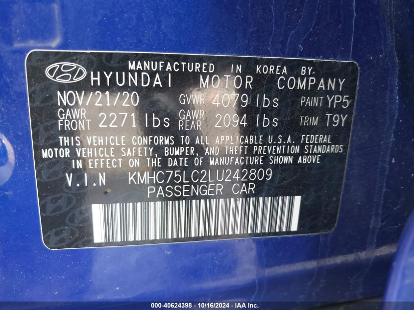 2020 Hyundai Ioniq Hybrid Se VIN: KMHC75LC2LU242809 Lot: 40624398