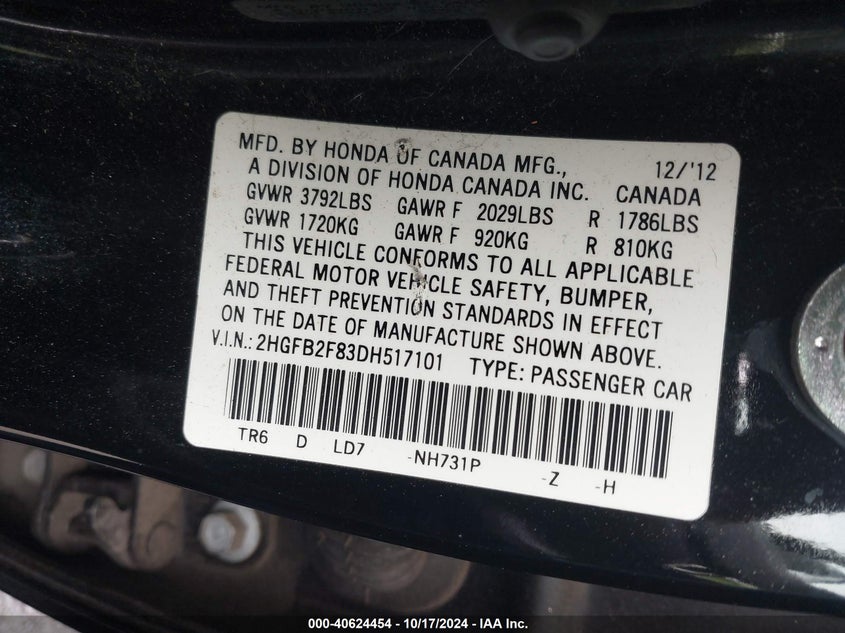 2013 Honda Civic Ex VIN: 2HGFB2F83DH517101 Lot: 40624454