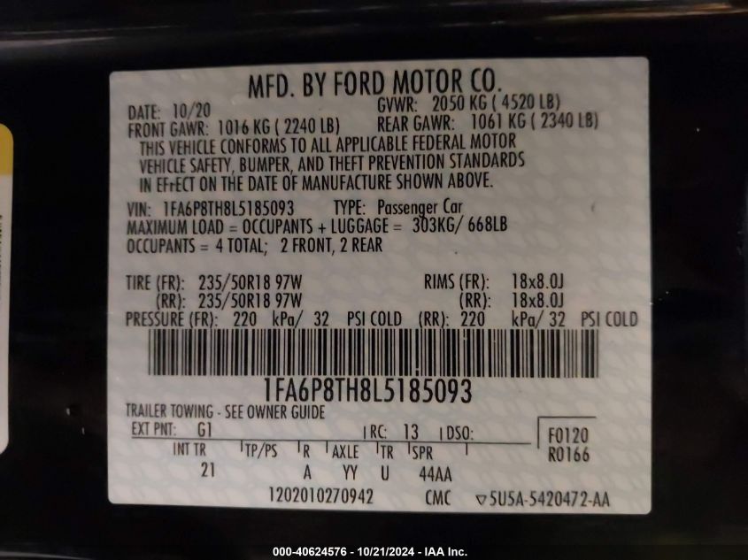 2020 FORD MUSTANG VIN: 1FA6P8TH8L5185093