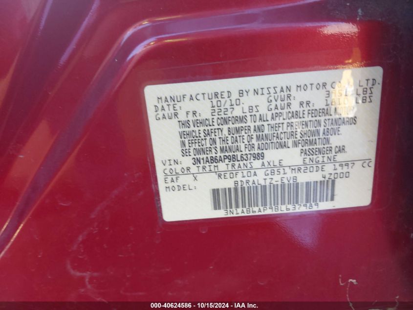 2011 Nissan Sentra 2.0Sr VIN: 3N1AB6AP9BL637989 Lot: 40624586