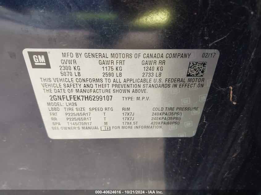 2017 CHEVROLET EQUINOX VIN: 2GNFLFEK7H6299107