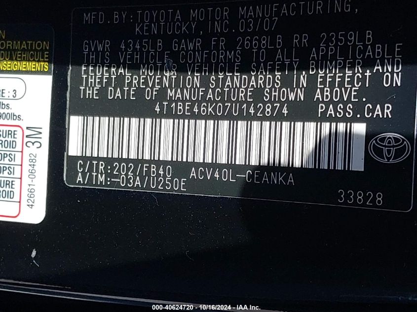 2007 Toyota Camry Le VIN: 4T1BE46K07U142874 Lot: 40624720