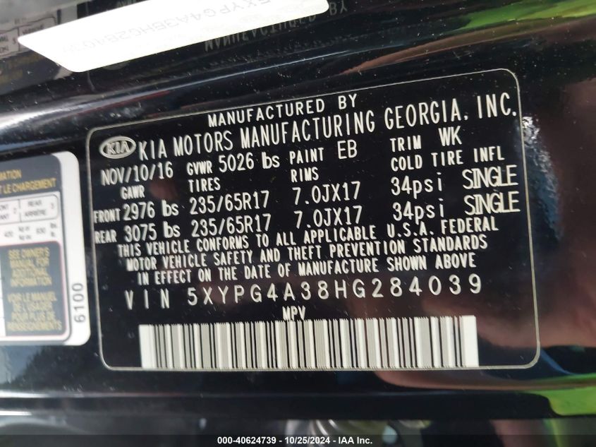 VIN 5XYPG4A38HG284039 2017 KIA Sorento, 2.4L L no.9