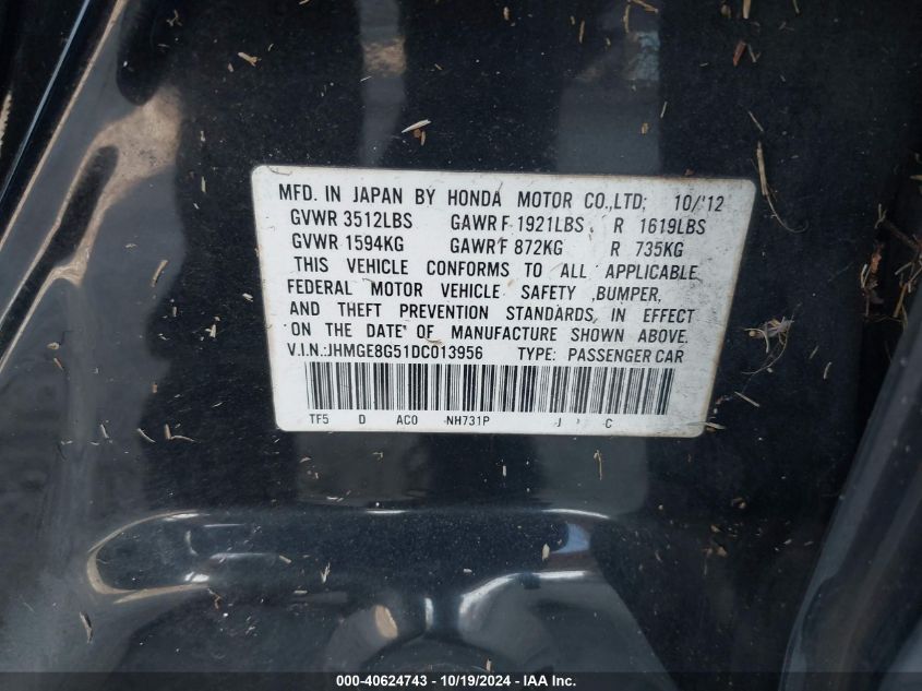 VIN JHMGE8G51DC013956 2013 HONDA FIT no.9