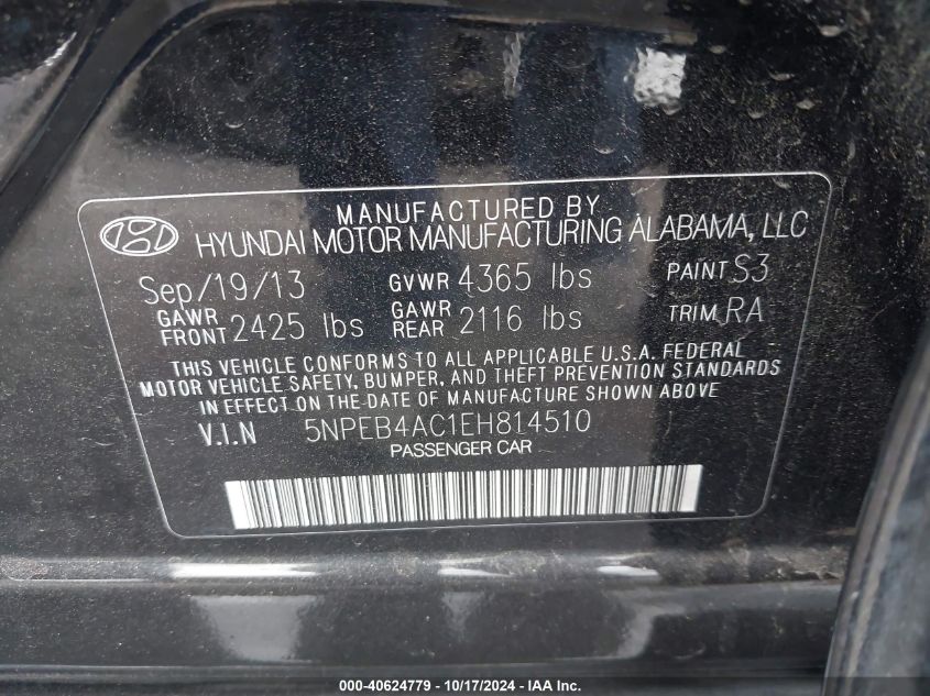 2014 Hyundai Sonata Gls VIN: 5NPEB4AC1EH814510 Lot: 40624779