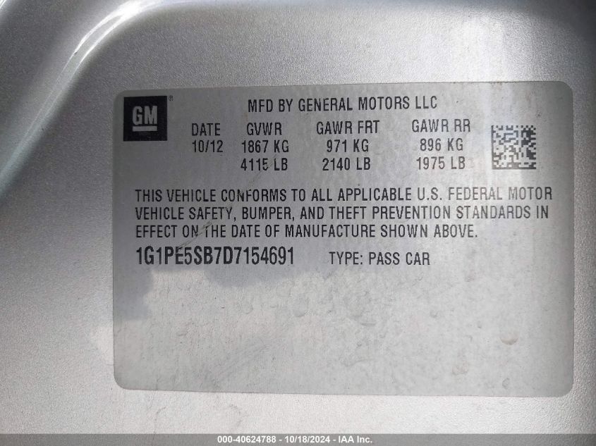 2013 Chevrolet Cruze 2Lt Auto VIN: 1G1PE5SB7D7154691 Lot: 40624788