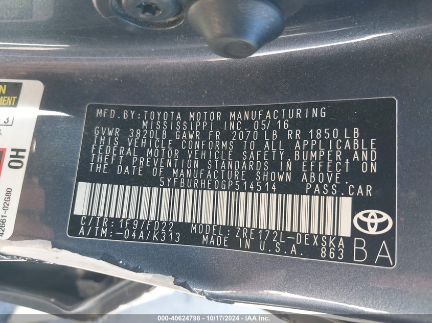 2016 Toyota Corolla S Plus VIN: 5YFBURHE0GP514514 Lot: 40624798