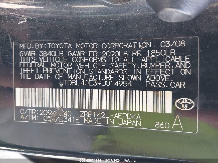 2009 Toyota Corolla VIN: JTDBL40E39J014954 Lot: 40624885