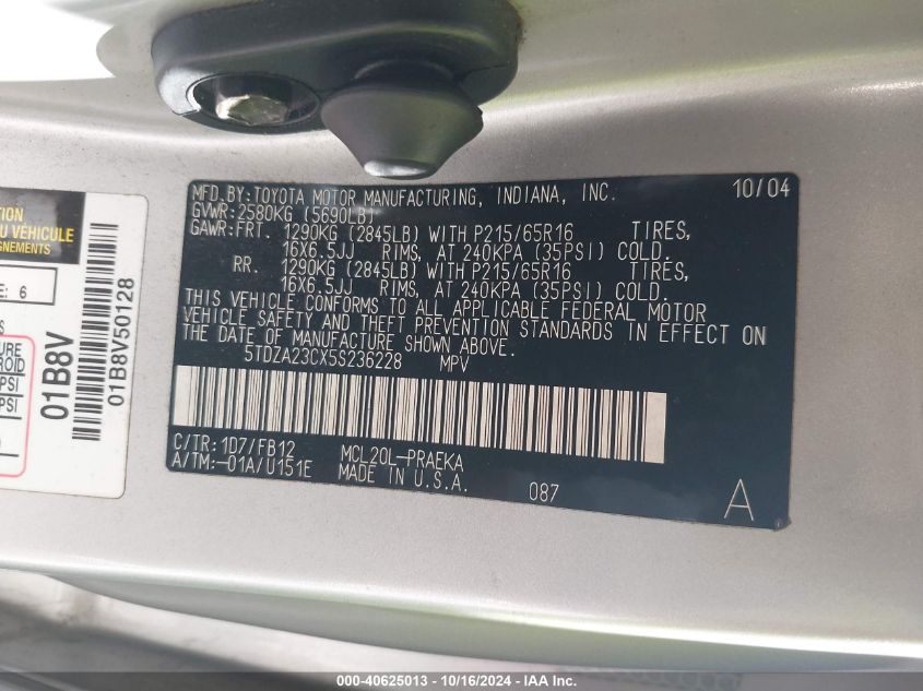 2005 Toyota Sienna Le VIN: 5TDZA23CX5S236228 Lot: 40625013