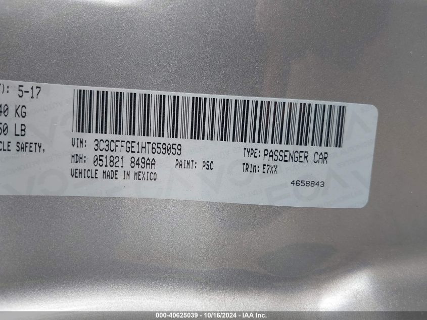 2017 Fiat 500E Battery Electric VIN: 3C3CFFGE1HT659059 Lot: 40625039