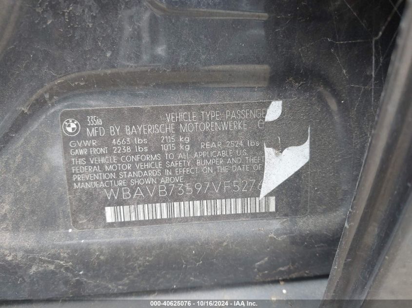 2007 BMW 335I VIN: WBAVB73597VF52769 Lot: 40625076