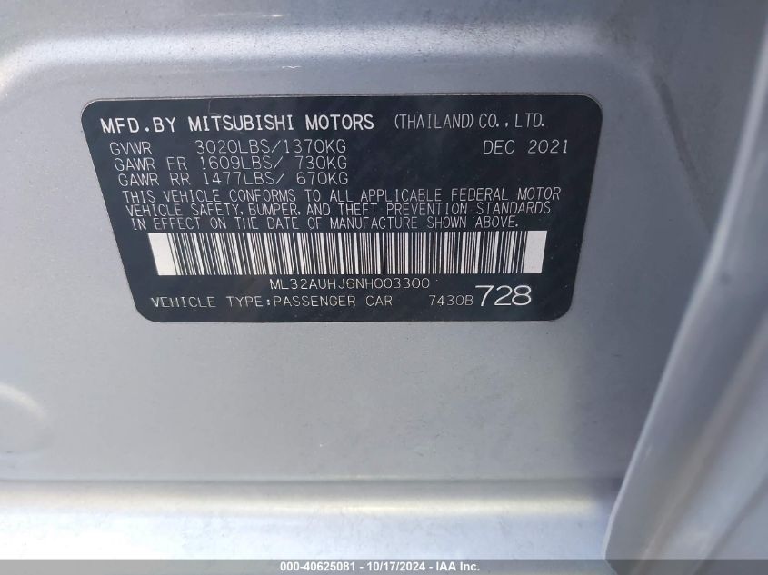 2022 Mitsubishi Mirage Es/Le VIN: ML32AUHJ6NH003300 Lot: 40625081