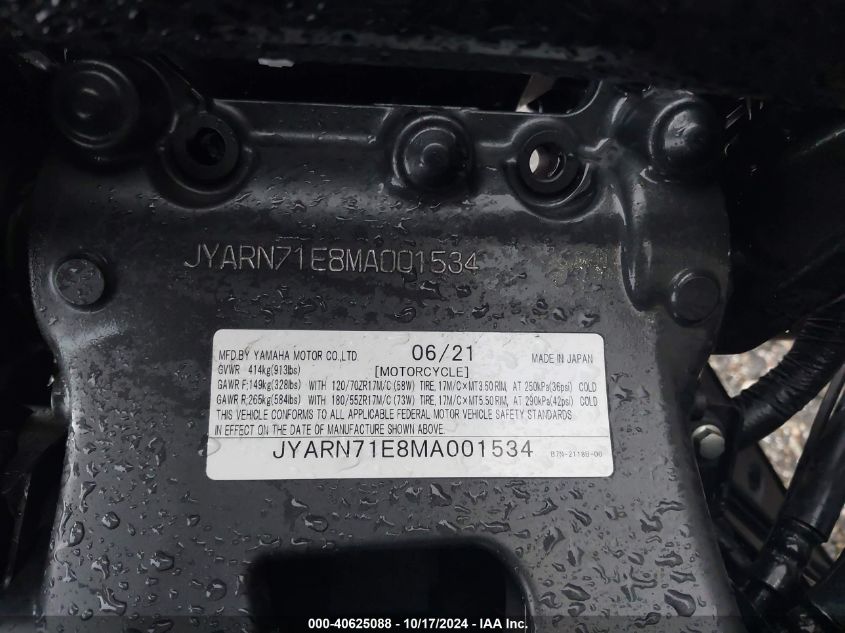 2021 Yamaha Mt09 VIN: JYARN71E8MA001534 Lot: 40625088