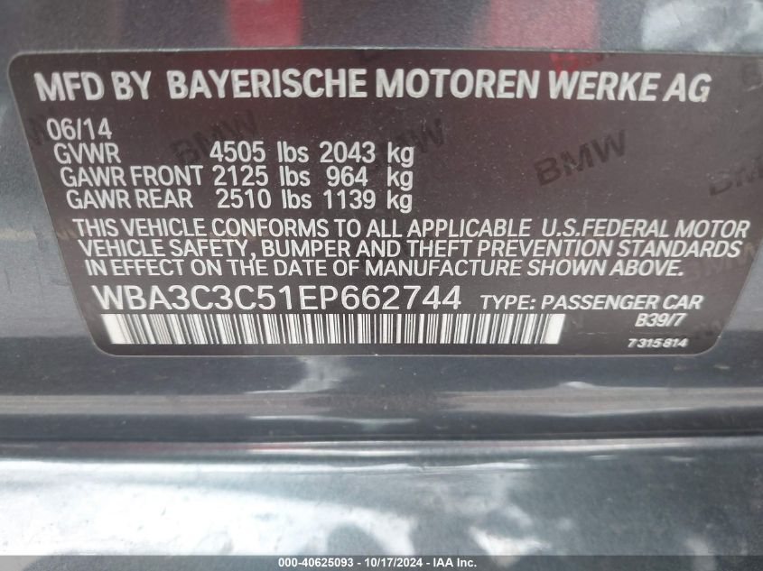 2014 BMW 320I xDrive VIN: WBA3C3C51EP662744 Lot: 40625093