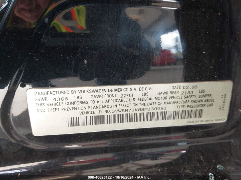 2008 Volkswagen Jetta Se/Sel VIN: 3VWRM71K88M130991 Lot: 40625122
