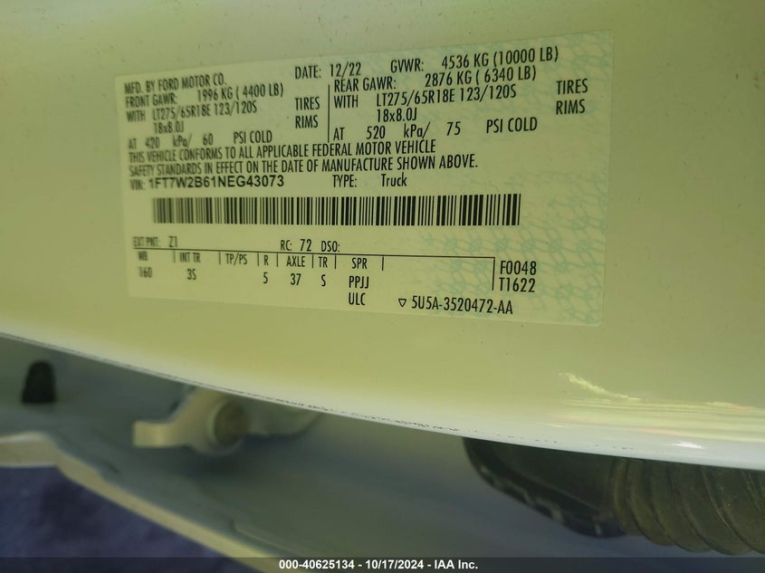 2022 Ford F-250 Xlt VIN: 1FT7W2B61NEG43073 Lot: 40625134
