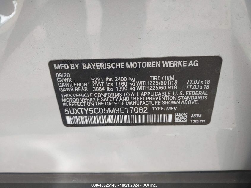 2021 BMW X3 xDrive30I VIN: 5UXTY5C05M9E17082 Lot: 40625145