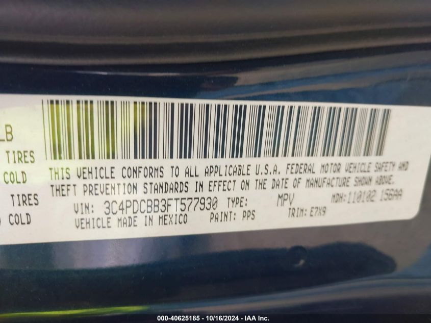 2015 Dodge Journey Sxt VIN: 3C4PDCBB3FP577930 Lot: 40625185