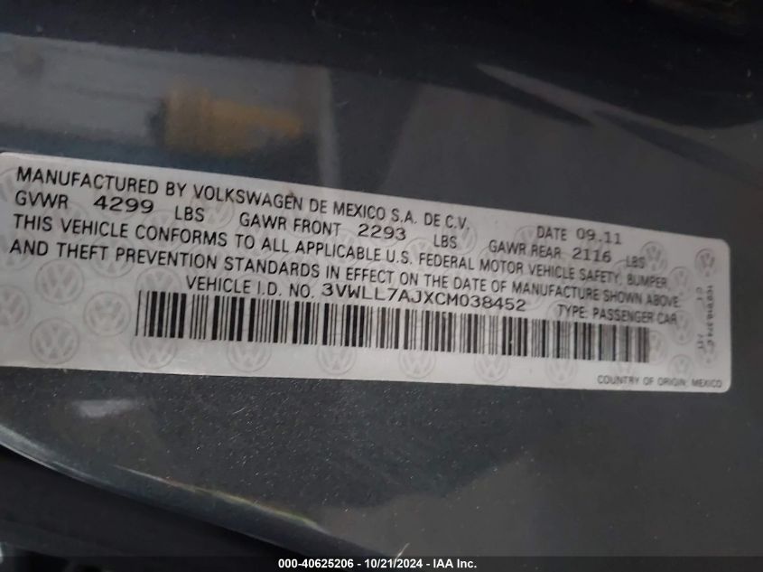 2012 Volkswagen Jetta 2.0L Tdi VIN: 3VWLL7AJXCM038452 Lot: 40625206