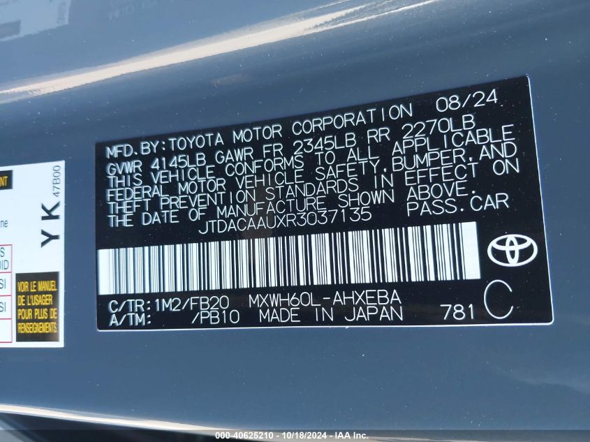 2024 Toyota Prius Le VIN: JTDACAAUXR3037135 Lot: 40625210