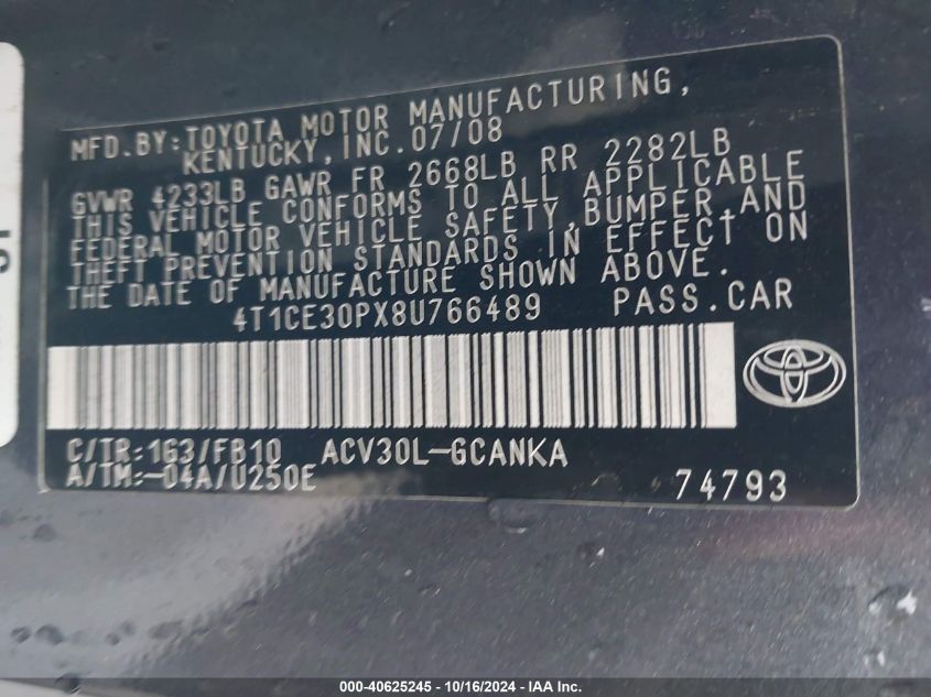 2008 TOYOTA CAMRY SOLARA VIN: 4T1CE30PX8U766489