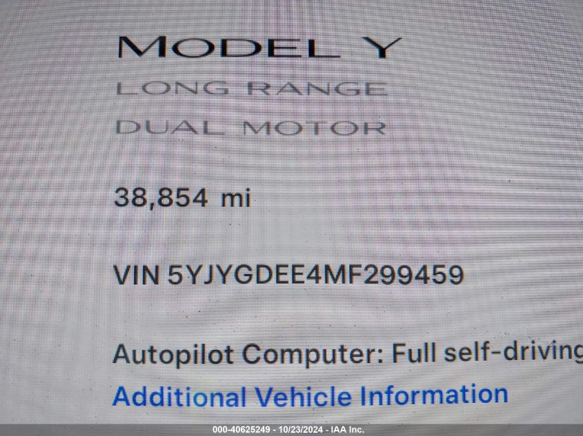 2021 Tesla Model Y Long Range Dual Motor All-Wheel Drive VIN: 5YJYGDEE4MF299459 Lot: 40625249