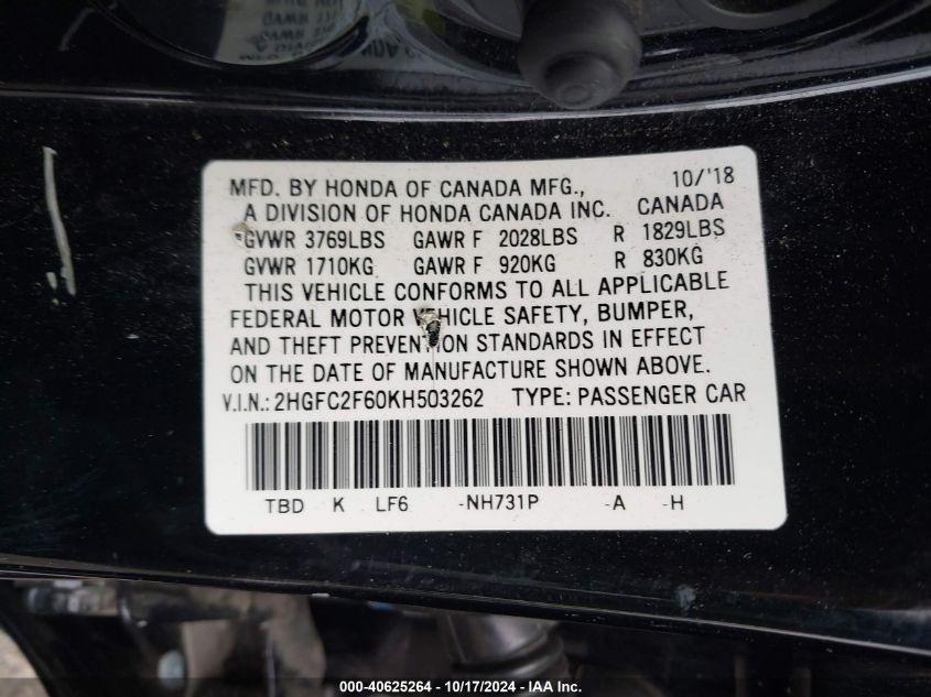 2019 Honda Civic Lx VIN: 2HGFC2F60KH503262 Lot: 40625264