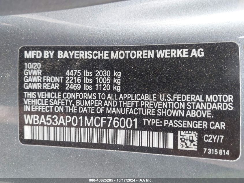 2021 BMW 430I VIN: WBA53AP01MCF76001 Lot: 40625285