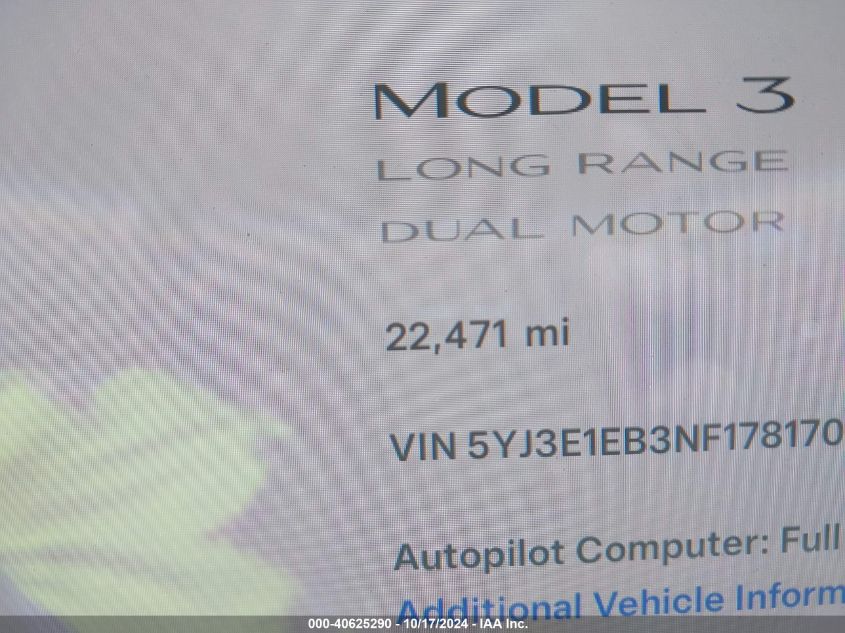 2022 TESLA MODEL 3 LONG RANGE DUAL MOTOR ALL-WHEEL DRIVE - 5YJ3E1EB3NF178170