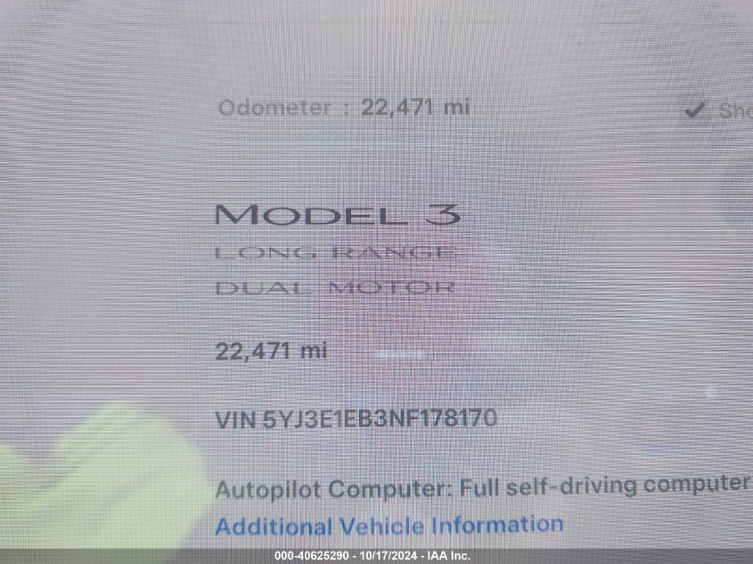 2022 Tesla Model 3 Long Range Dual Motor All-Wheel Drive VIN: 5YJ3E1EB3NF178170 Lot: 40625290