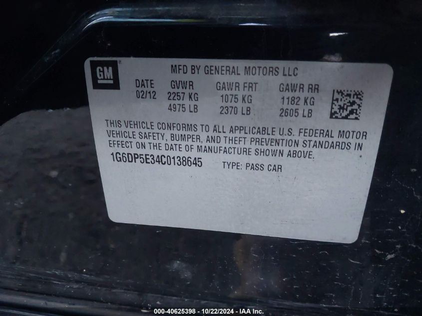 2012 Cadillac Cts Premium VIN: 1G6DP5E34C0138645 Lot: 40625398