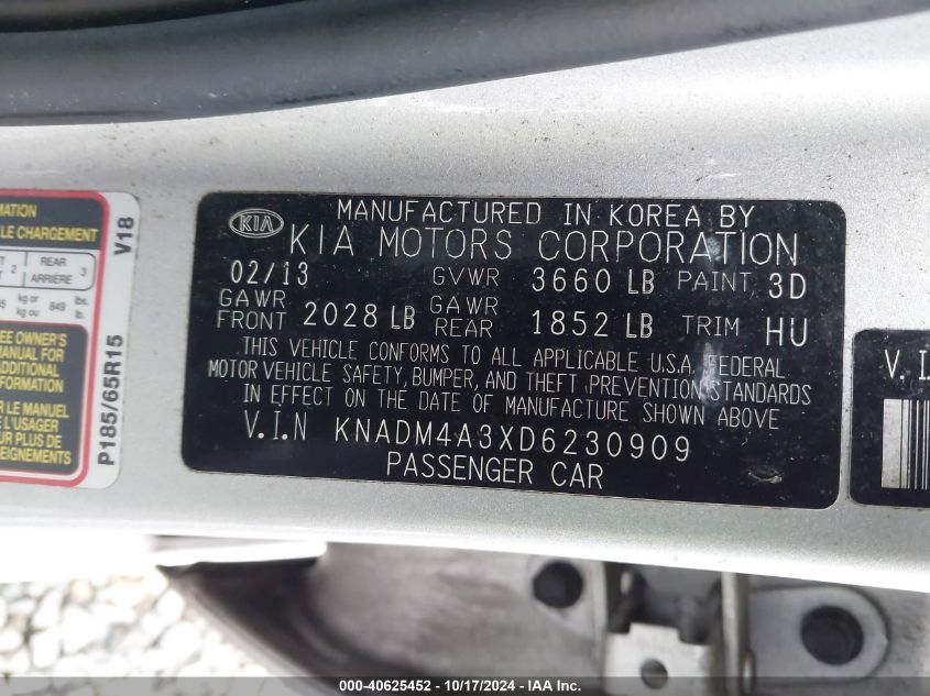 2013 Kia Rio Lx VIN: KNADM4A3XD6230909 Lot: 40625452