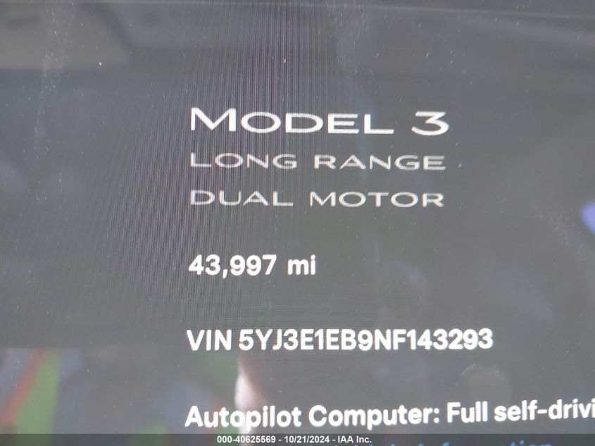 2022 Tesla Model 3 Long Range Dual Motor All-Wheel Drive VIN: 5YJ3E1EB9NF143293 Lot: 40625569