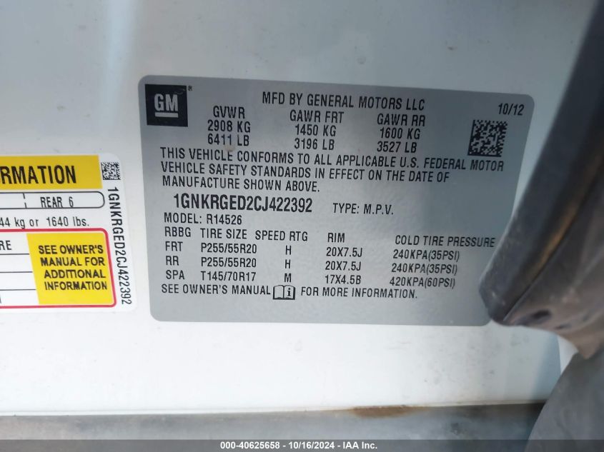 2012 Chevrolet Traverse 1Lt VIN: 1GNKRGED2CJ422392 Lot: 40625658