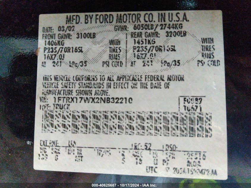 2002 Ford F-150 Lariat/Xl/Xlt VIN: 1FTRX17WX2NB32210 Lot: 40625687