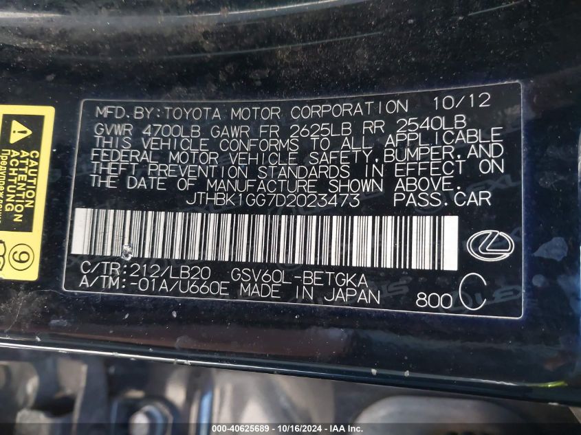 2013 Lexus Es 350 VIN: JTHBK1GG7D2023473 Lot: 40625689