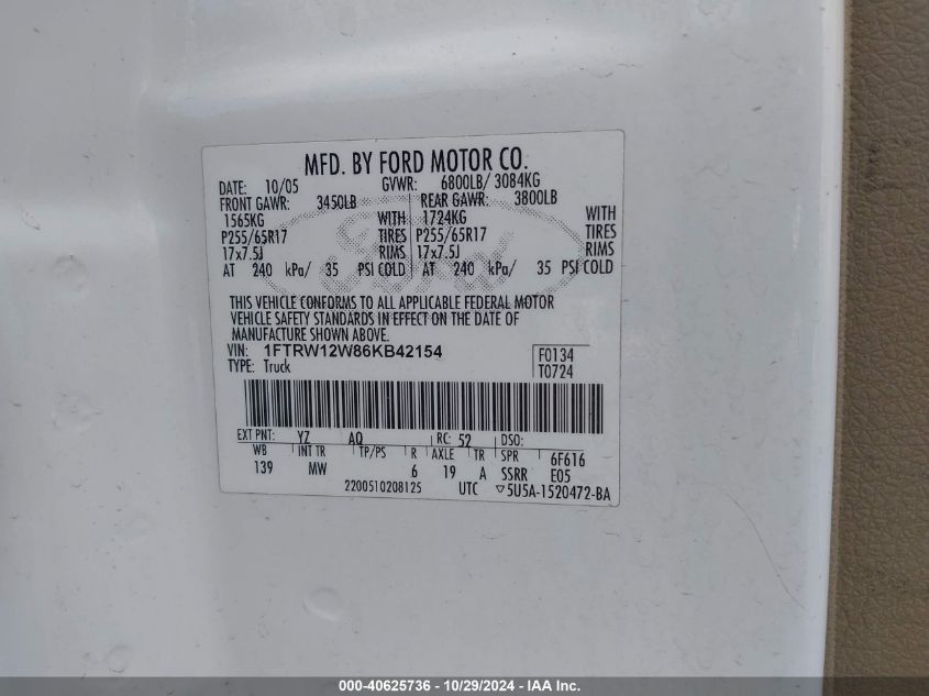 2006 Ford F-150 Xlt VIN: 1FTRW12W86KB42154 Lot: 40625736