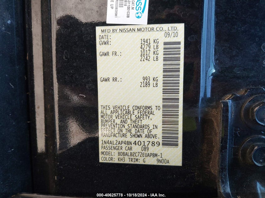 2011 Nissan Altima 2.5 S VIN: 1N4AL2AP4BN401789 Lot: 40625778