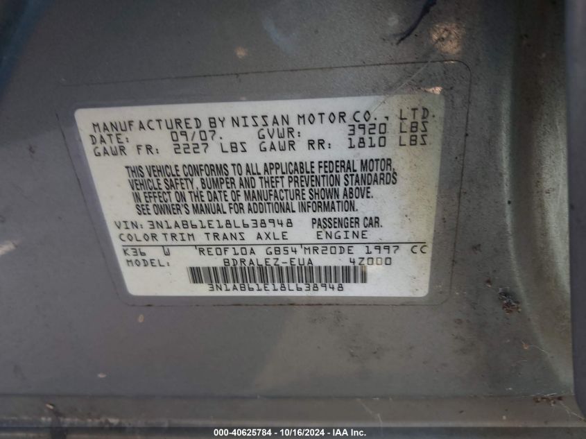 2008 Nissan Sentra 2.0S VIN: 3N1AB61E18L638948 Lot: 40625784