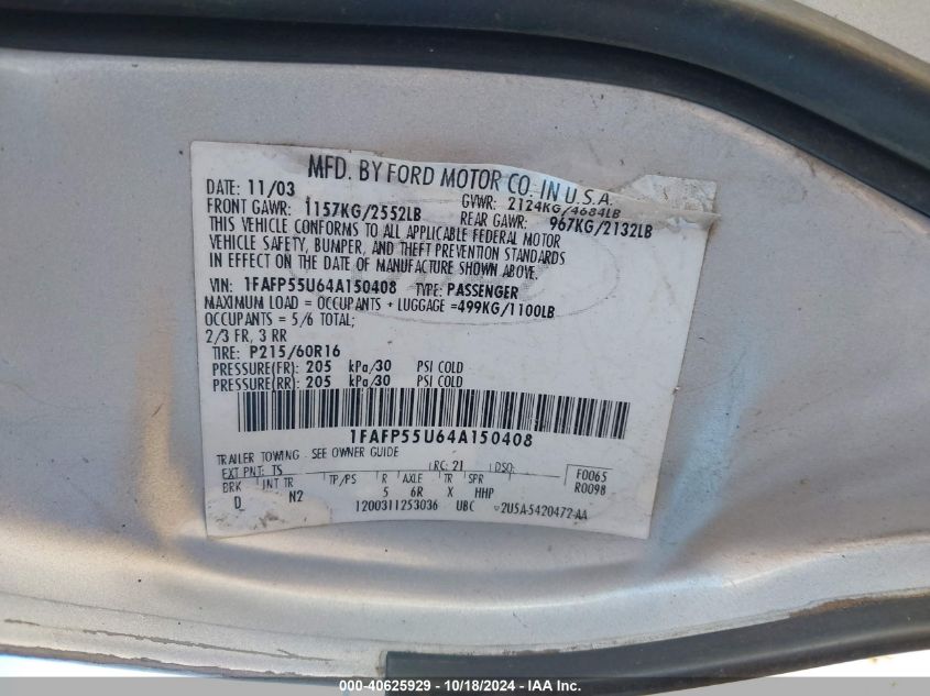 2004 Ford Taurus Ses VIN: 1FAFP55U64A150408 Lot: 40625929