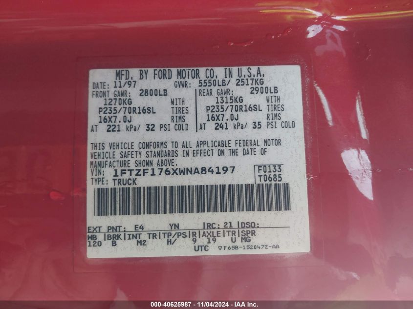 1998 Ford F-150 Lariat/Standard/Xl/Xlt VIN: 1FTZF176XWNA84197 Lot: 40625987