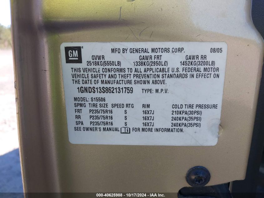 2006 Chevrolet Trailblazer Ls VIN: 1GNDS13S862131759 Lot: 40625988