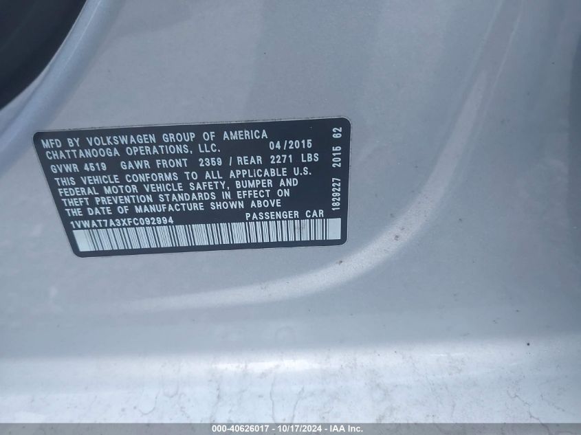 2015 Volkswagen Passat 1.8T Limited Edition VIN: 1VWAT7A3XFC092994 Lot: 40626017